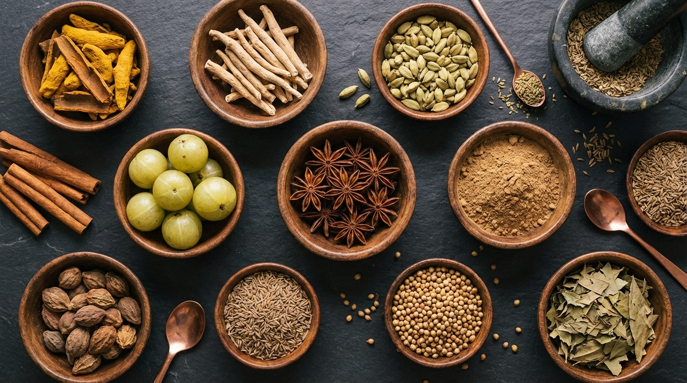 Geleneksel Ayurveda şifalı bitkileri ve kuru meyveler ahşap yüzey üzerinde dizilmiş