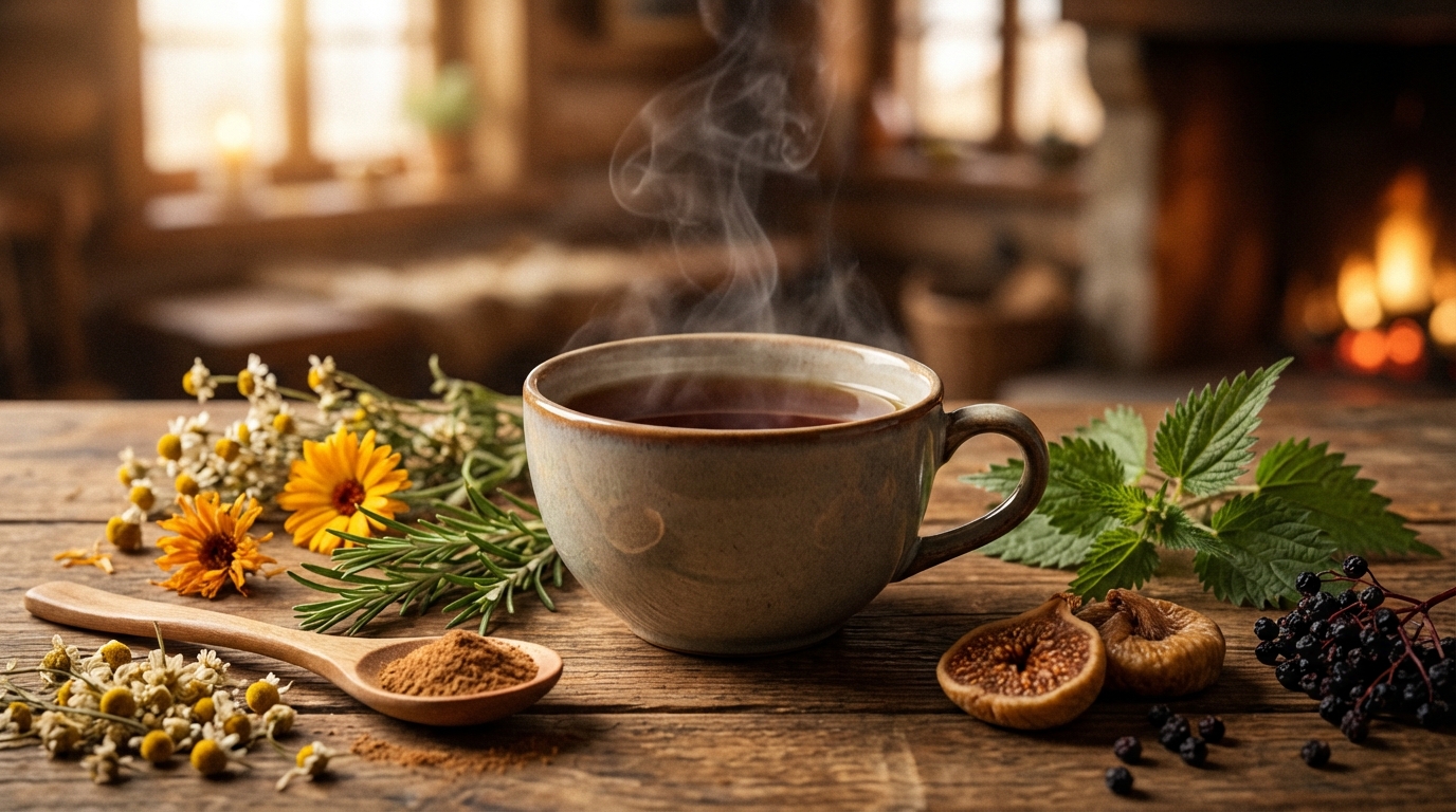 Sıcak bir kupa herbal çay ve yanında kuru şifalı bitkiler rustik ahşap masa üzerinde